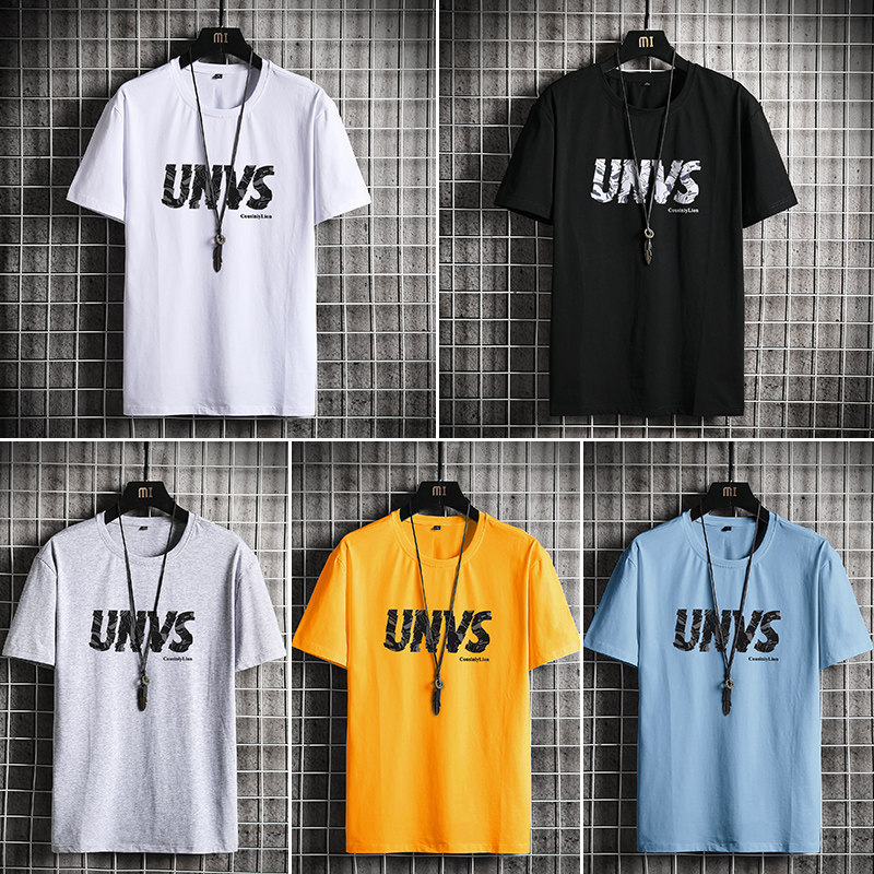 Summer short sleeve new five Quarter Sleeve sports simple round neck print casual T-shirt men's grid style