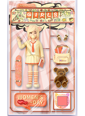 HB2C4D模型OC渲染3D立体38三八妇女节女孩粉色红色漫画可爱玩具