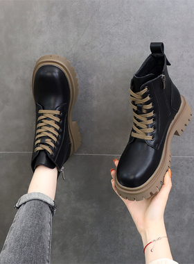 圆头厚底马丁靴女2025年新款低帮春秋单靴瘦瘦靴米白色短靴小码34