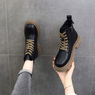 圆头厚底马丁靴女2025年新款低帮春秋单靴瘦瘦靴米白色短靴小码34