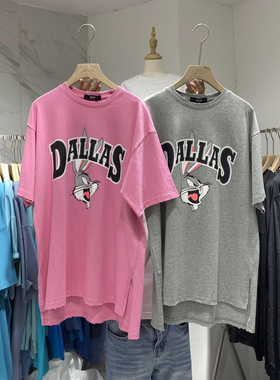 2025新款韩版短袖T恤女中长款洗水棉做旧破洞半袖上衣下衣失踪