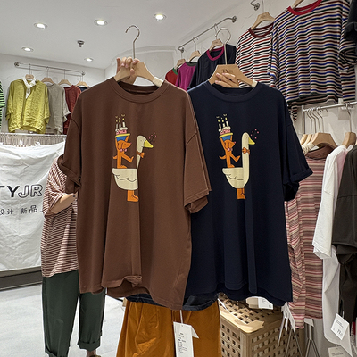 YT韩国东大门短袖T恤女中长款宽松显瘦学生夏卡通印花纯棉内搭夏