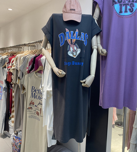 justso短袖T恤女裙子23新款夏季减龄兔八哥休闲港风连衣裙中长款