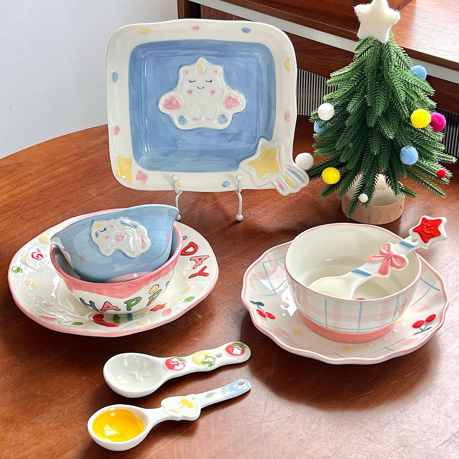 动物水果卡通可爱餐具碗盘勺套装一人食家用高颜值陶瓷餐具