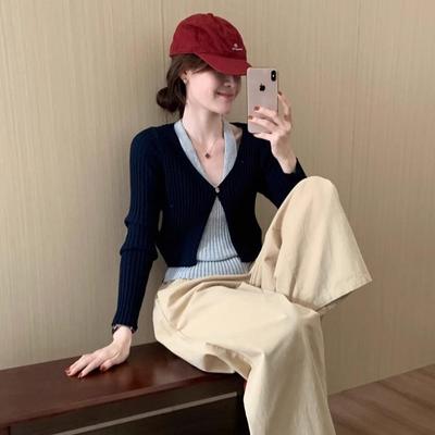 藏青色挂脖假两件长袖针织开衫女2025新款韩系早秋氛围感穿搭上衣