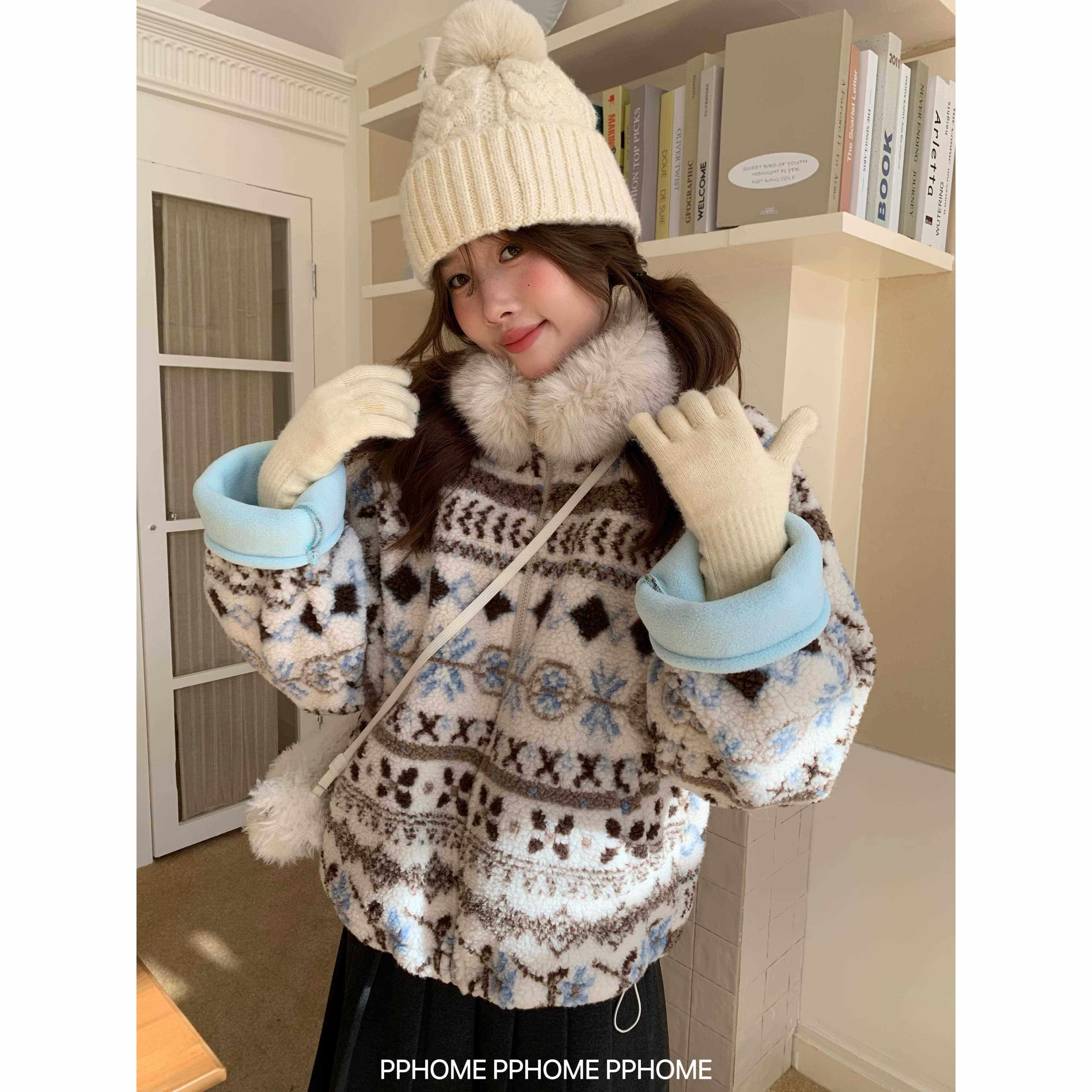 自制~冬日明信片 费尔岛复古加绒羊羔毛外套毛领可拆卸棉袄