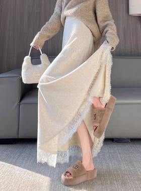 白色长款蕾丝针织半身裙女秋冬a字包臀梨形伯克利广州十三行长裙