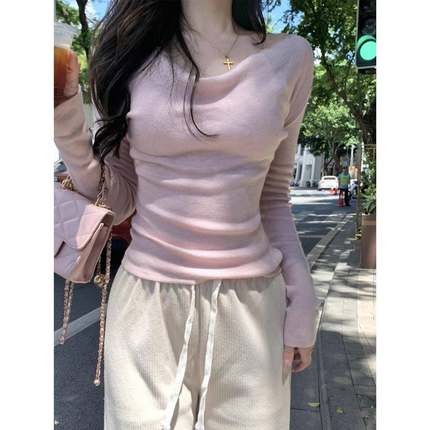 韩系温柔风荡领针织上衣女春秋冬装修身显瘦V领打底衫内搭长袖t恤