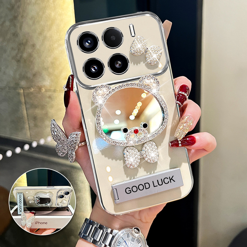 适用小米15手机壳小米15pro领结熊补妆镜小米14大视窗外壳创意小米13全包防摔网红女款