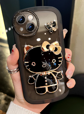 适用苹果15手机壳iphone14猫咪补妆镜支架苹果13新款15promax硅胶14plus透明防摔ip12女款11网红7/8plus外壳