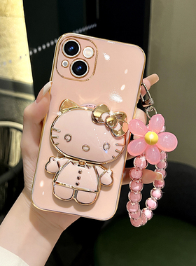 适用苹果14手机壳女款iphone17pro可爱猫咪补妆镜子支架11/12/16pro保护套15promax硅胶6/7/8plus防摔13粉色