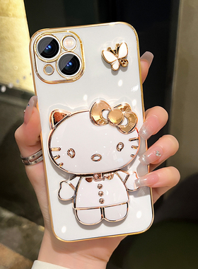 适用苹果15手机壳iphone14新款苹果17女款可爱猫咪补妆镜子支架16promax保护套14plus硅胶7/8plus网红x/xsmax