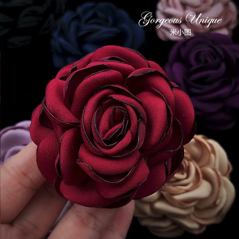 磁吸款 奢华哑色布艺烧边花胸针 精致复古气质手作玫瑰花胸花 610