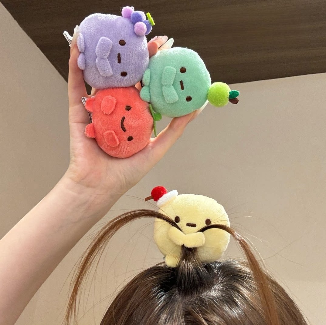 日系可爱水果角落生物发夹mini圆子发卡三色团子毛绒公仔创意顶夹