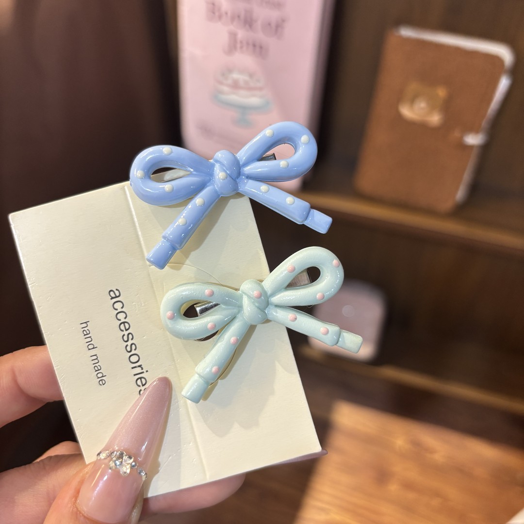 韩系简约波点粉色蝴蝶结鸭嘴夹ins秋冬简约百搭刘海边夹小众头饰