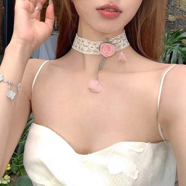 超仙玫瑰花蕾丝颈带海边度假风氛围感花朵项链女锁骨链脖颈链配饰