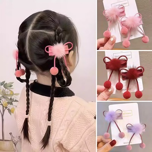 新年红色毛球蝴蝶结对夹儿童小夹子头饰女童公主发夹宝宝发卡发饰