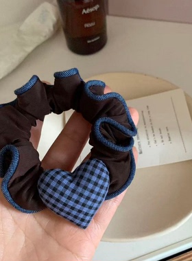 复古蓝色牛仔爱心蝴蝶结百搭咖色面膜发圈洋气马尾头花发绳饰品女