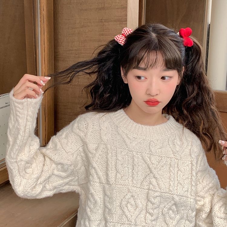 甜妹红色格子蝴蝶结发绳少女毛绒绒发圈头绳扎头发皮筋丸子头发饰