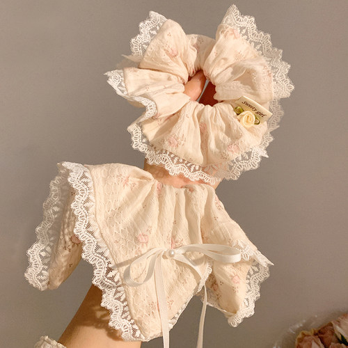 海棠春色~粉色碎花蝴蝶结蕾丝方巾大肠发圈女韩系大号头绳发饰夏