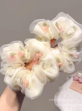 玫瑰花网纱大肠发圈女法式扎头发绳气质橡皮筋高弹力耐用头饰皮套