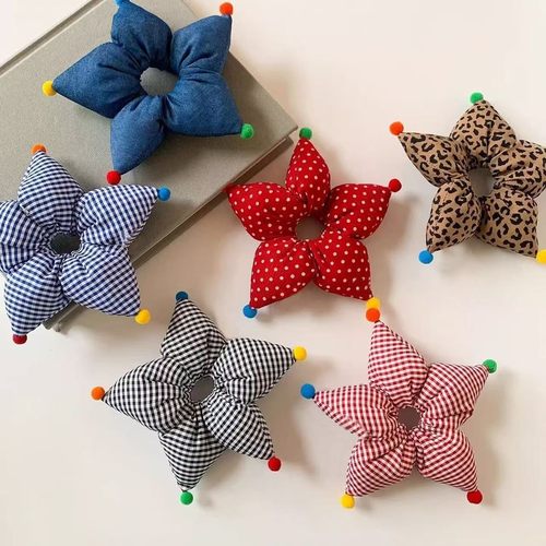 韩系儿童肠圈立体五角星发圈初秋甜美格纹波点可爱女马尾头绳发饰