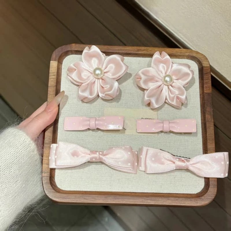 可爱少女粉色樱花蝴蝶结波点发夹甜美侧边夹鸭嘴发卡氛围感发卡