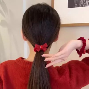 丝绒蝴蝶结皮筋高颜值秋冬头绳女发绳不伤发发圈红色新年发饰