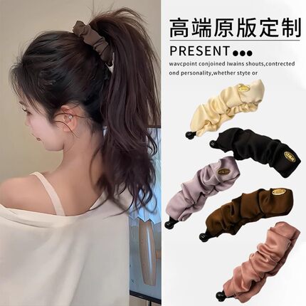 香蕉夹缎面褶皱布艺夹子纯色发夹高级后脑勺新款马尾百搭发饰批发