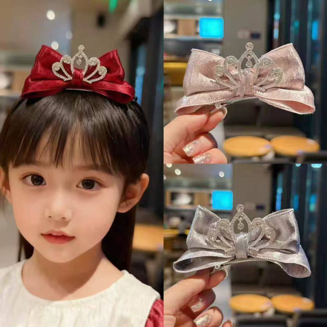 甜美女童红色皇冠蝴蝶结发夹儿童新年喜庆丸子头插梳女孩拜年头饰