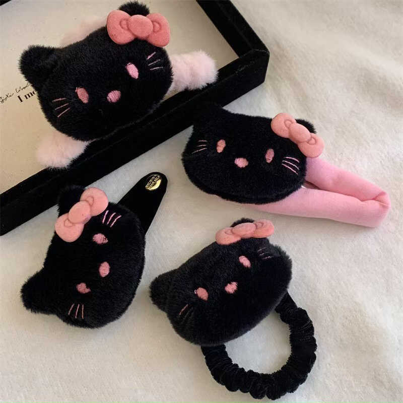 黑皮kitty猫蝴蝶结发夹卡通毛绒ins风发圈甜酷辣妹秋冬BB夹发饰