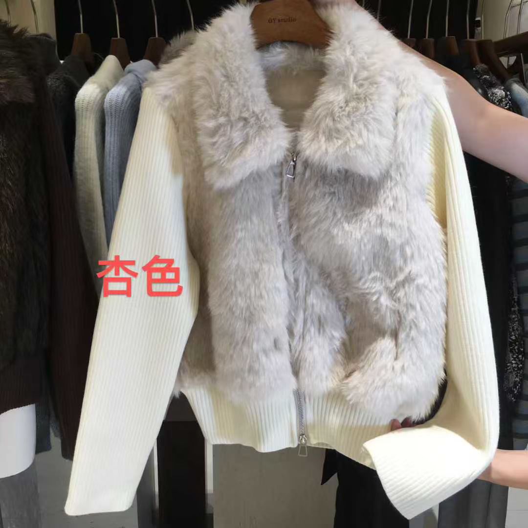 韩系加厚针织拼接皮毛一体环保皮草女2025冬季新款高级感修身外套