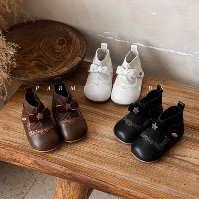 SHE IS EMMA秋冬新款 升级真皮款~英伦风袜靴 丝绒蝴蝶结宝宝短靴