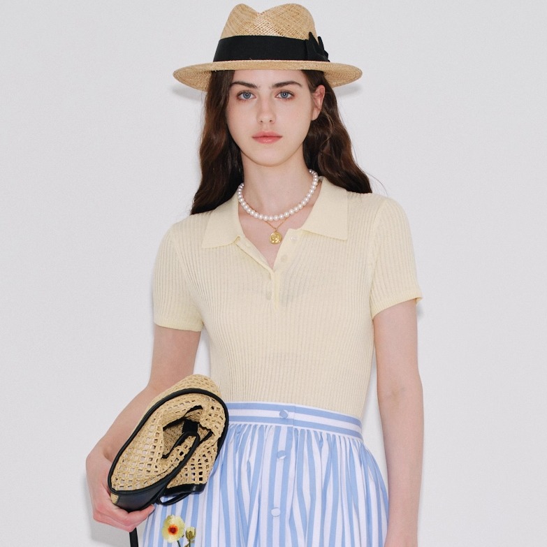 秘密盒子花漾织语 莱赛尔亚麻缪系时髦高知4色polo领短袖针织上衣