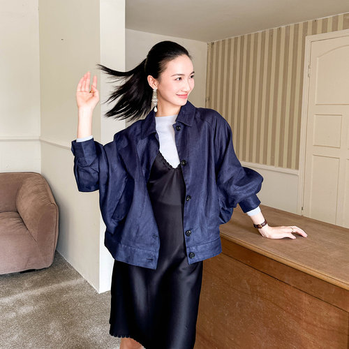 秘密盒子鼎奢品位 进口亚麻真丝里布奢华宽松短外套飞行员夹克