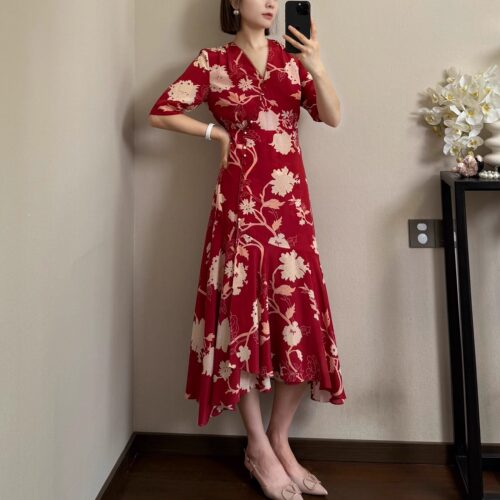 粉丝福利价 惊艳众人法式度假风红色真丝印花V领短袖连衣裙