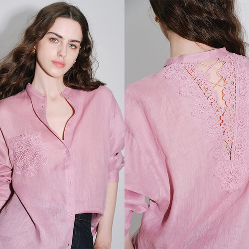 秘密盒子显白仪式 可可私服100亚麻后背镂空蕾丝拼接浪漫法式衬衫