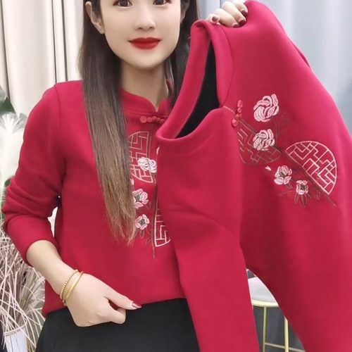 复古盘扣洋气刺绣打底衫2025年冬季新款加绒加厚卫衣保暖显瘦上衣