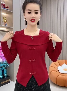 春秋新款洋气减龄显瘦小衫新中式国风盘扣长袖时尚打底针织衫外套