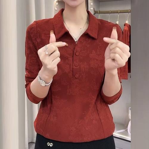 春季新款时尚翻领提花女长袖小衫休闲修身减龄显瘦气质百搭上衣