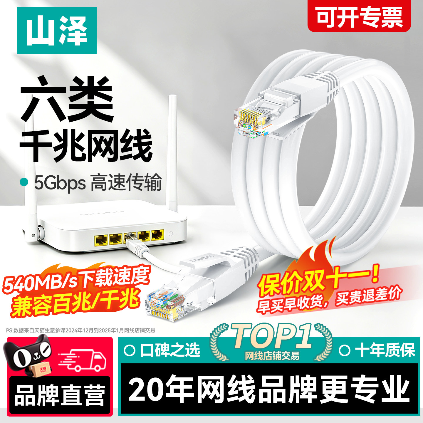 山泽六类网线千兆家用宽带连接线