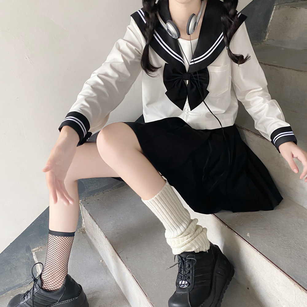 黑领白二本基础款水手服正统JK制服中间服不良长裙套装班服校服女