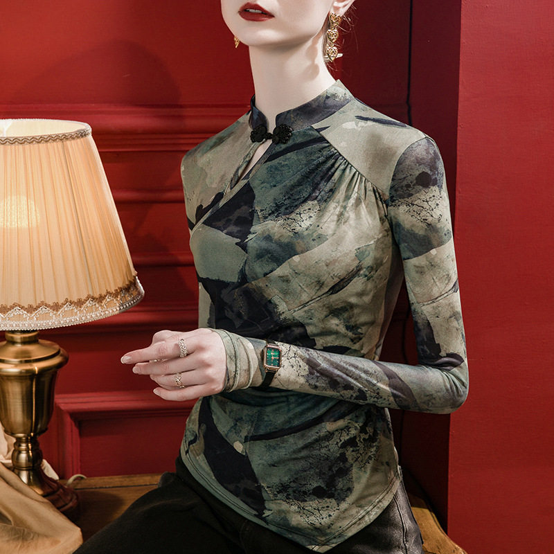 袭士龙旗袍领扎染印花网纱设计感上衣女修身2026春季新款复古盘扣