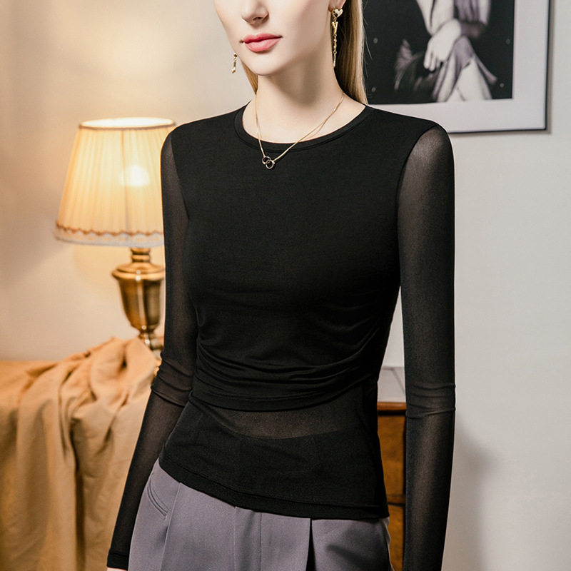 黑色网纱拼接T恤女修身2026春季新款女装洋气长袖打底衫性感上衣