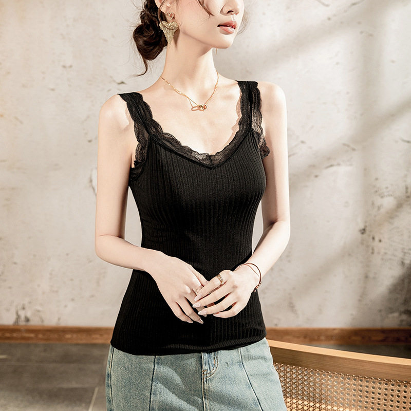 蕾丝拼接吊带女修身2026春夏季美背性感女装内搭纯色无袖V领背心