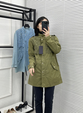 CHIOSTUDIOS韩国原单外贸轻复古百钉珠蕾丝收腰 修身女士风衣 001