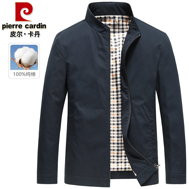 皮尔卡丹纯棉夹克外套男士立领中年爸爸装春秋季薄款透气休闲上衣