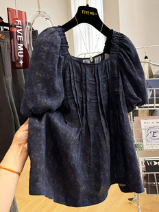 衬衫 褶皱扎染娃娃衫 高端100苎麻方领泡泡短袖 女夏季 上衣 夏季 小衫
