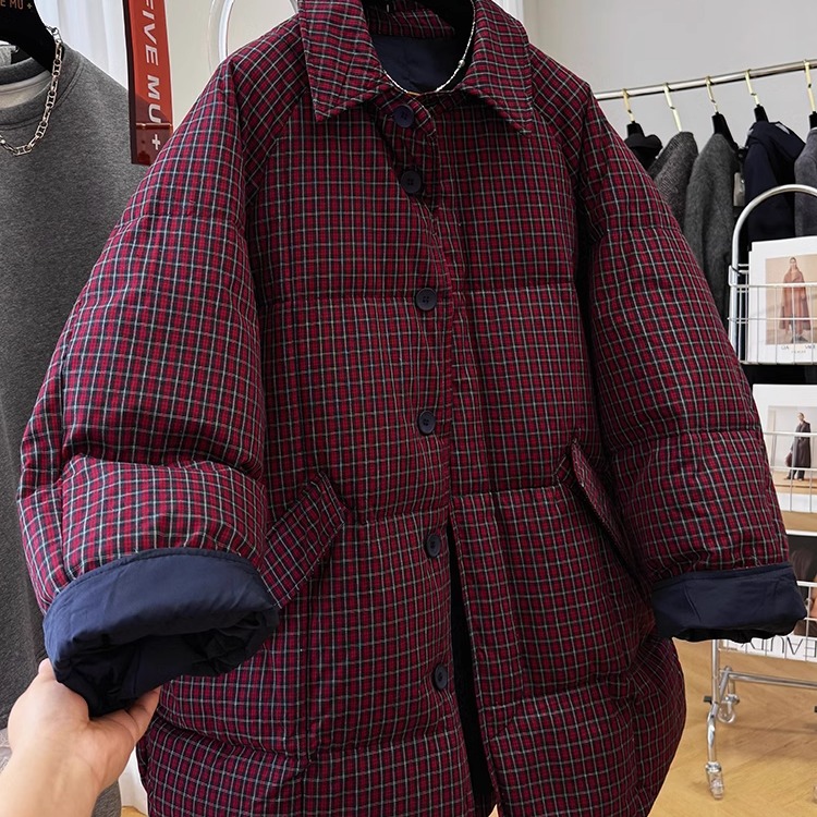 90白鸭绒格子派克羽绒服女冬