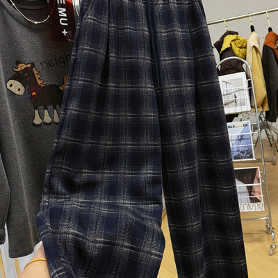 韩系复古格子加绒加厚休闲裤女冬